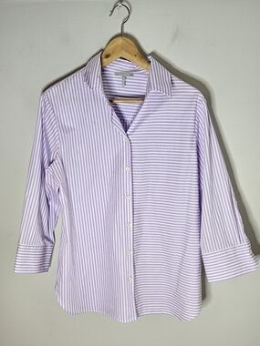Hinson Wu Margot Top 3/4 Sleeve Lavender Stripe Gingham Cotton Button Front 10